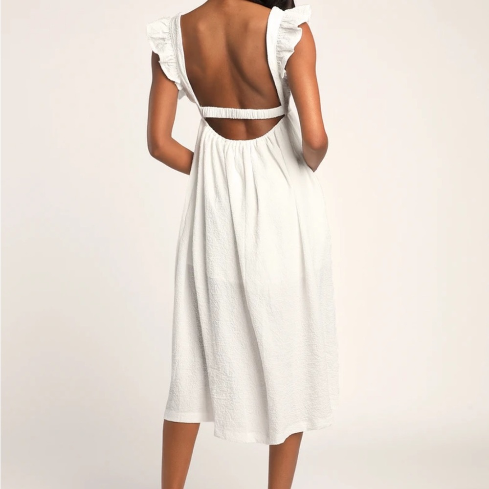 Springtime Splendor White Ruffle Backless Midi Dress Medium NEW - Picture 4 of 9